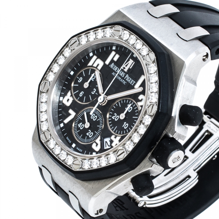 Pre Owned Audemars Piguet Black Stainless Steel Diamonds Royal Oak Offshore 26048SK.ZZ.D002CA.01 Women's Wristwatch 37 mm