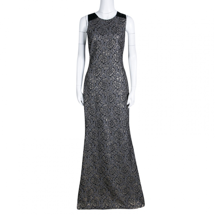 Pre Owned Badgley Mischka Collection Black and Gold Lace Bow Detail Sleeveless Gown M