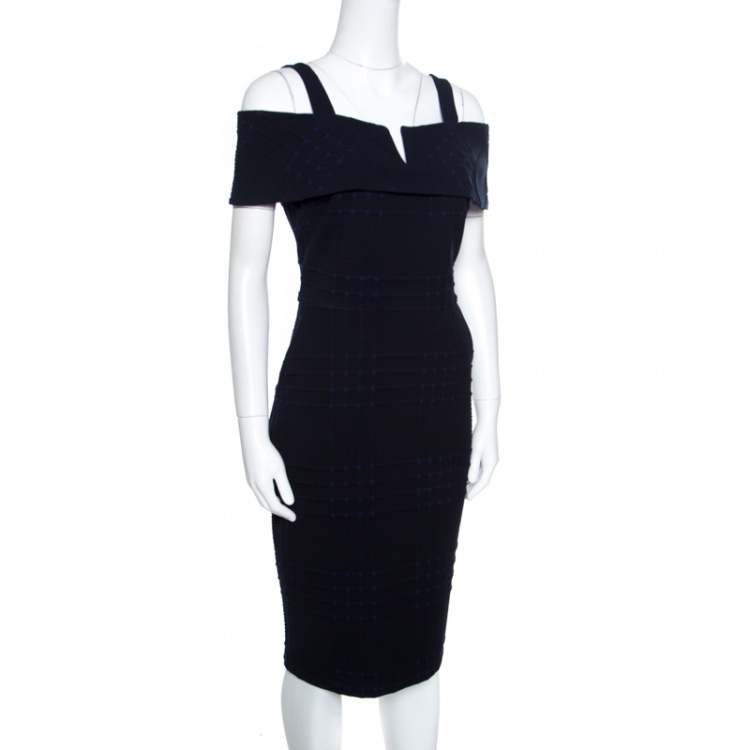 Pre Owned Badgley Mischka Navy Blue and Black Jacquard Knit Cold Shoulder Dress M