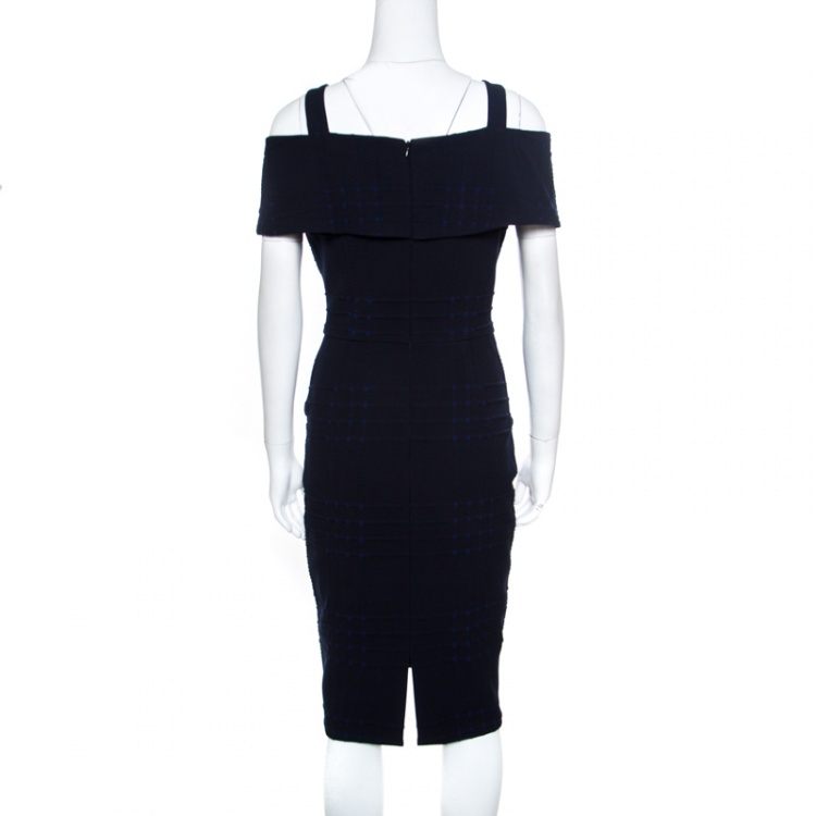 Pre Owned Badgley Mischka Navy Blue and Black Jacquard Knit Cold Shoulder Dress M