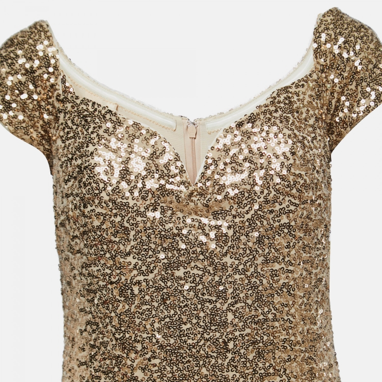 Pre Owned Badgley Mischka Gold Sequin Off Shoulder Gown L