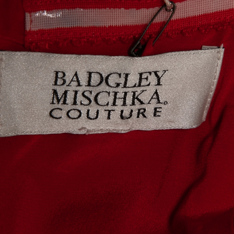Pre Owned Badgley Mischka Couture Red Crepe Off Shoulder Embellished Long Gown L