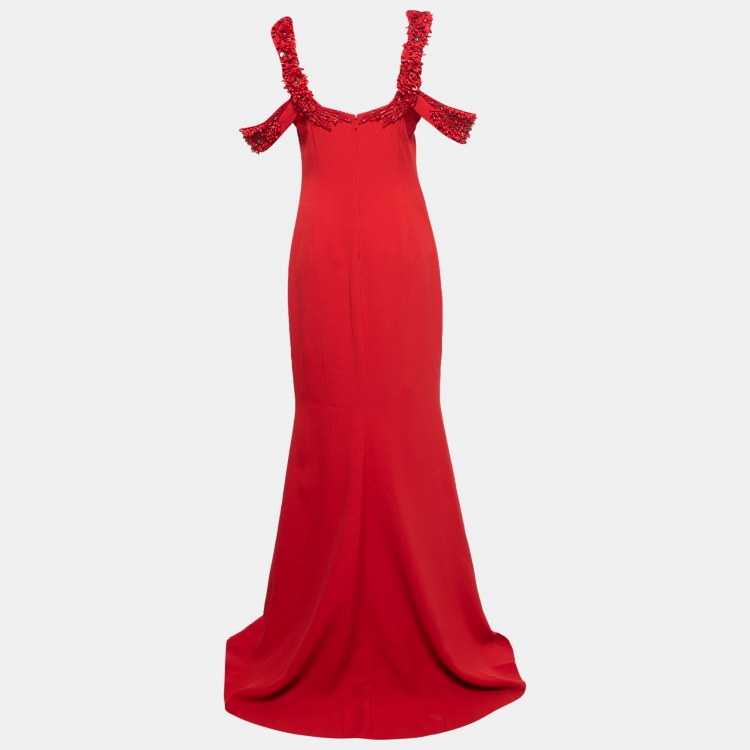Pre Owned Badgley Mischka Couture Red Crepe Off Shoulder Embellished Long Gown L