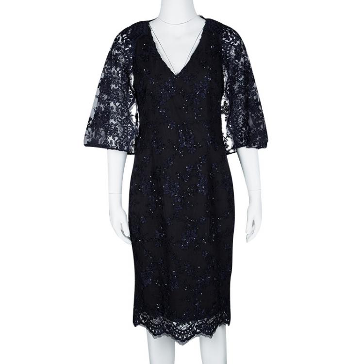 Pre Owned Badgley Mischka Navy Blue Sequined Lace Cape Sheath Cocktail Dress S