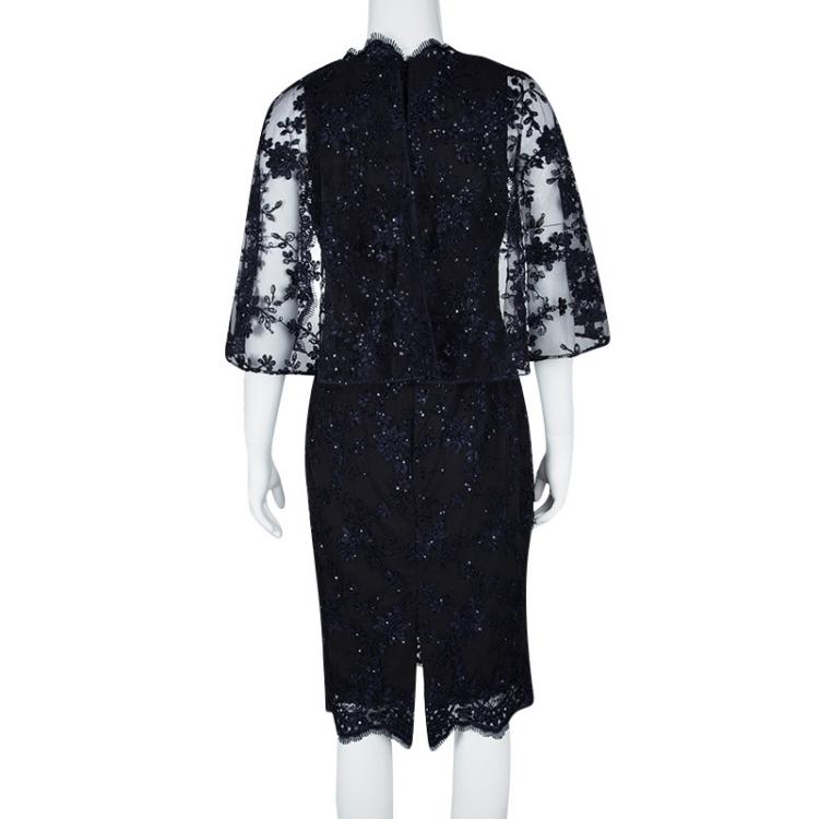 Pre Owned Badgley Mischka Navy Blue Sequined Lace Cape Sheath Cocktail Dress S