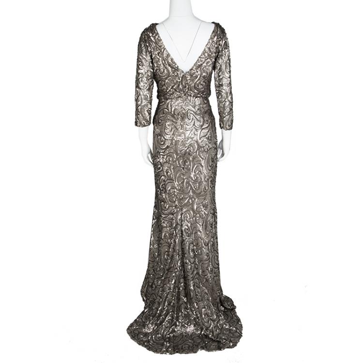 Pre Owned Badgley Mischka Collection Dull Gold Sequin Embellished Cowl Neck Blouson Gown S 
