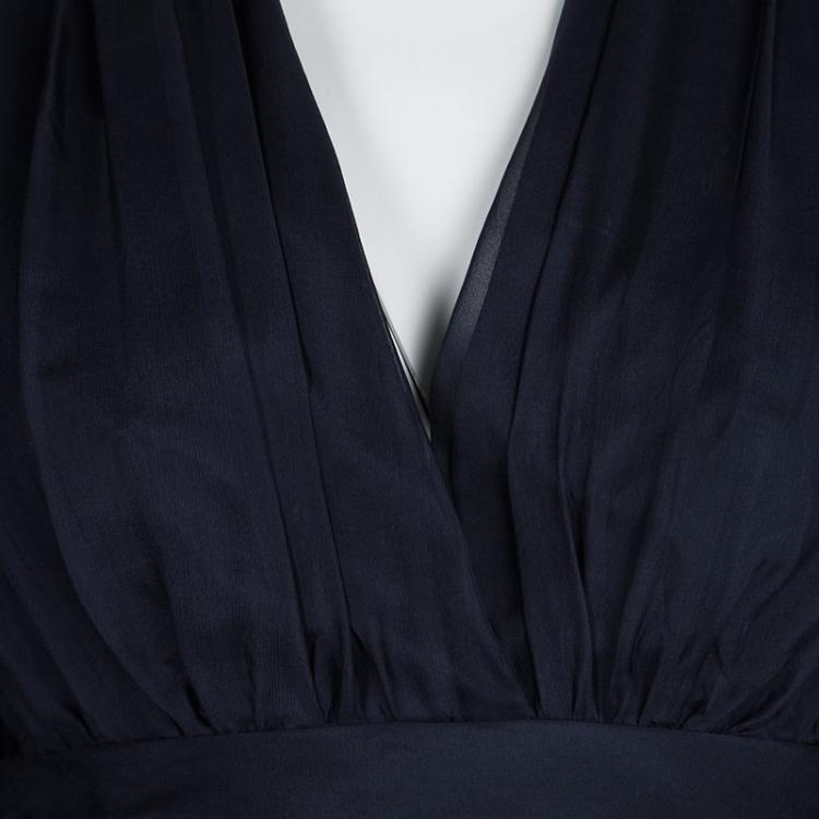 Pre Owned Badgley Mischka Navy Blue Silk Draped Embellished Cuff Detail Gown S