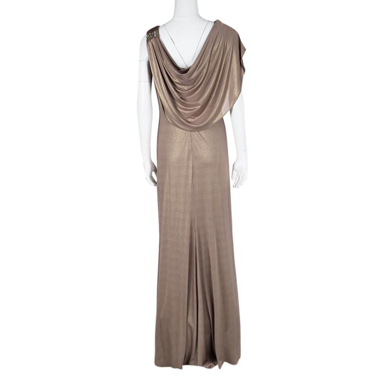 Pre Owned Badgley Mischka Metallic Pink Knit Embellished Draped Sleeveless Gown L
