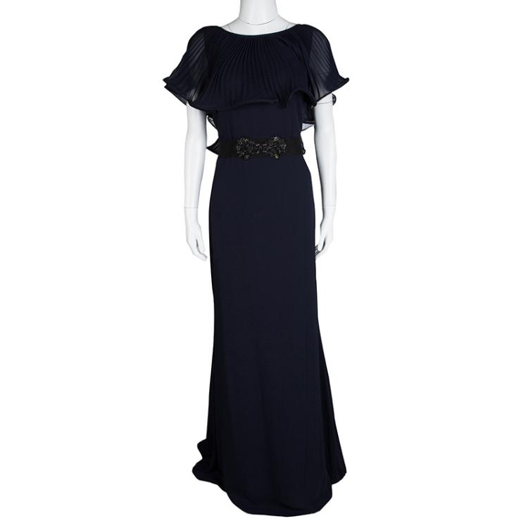 Pre Owned Badgley Mischka Navy Blue Plisse Ruffle Detail Embellished Maxi Dress M