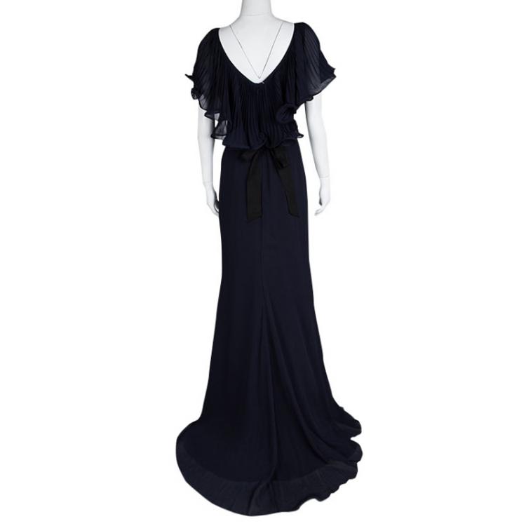 Pre Owned Badgley Mischka Navy Blue Plisse Ruffle Detail Embellished Maxi Dress M