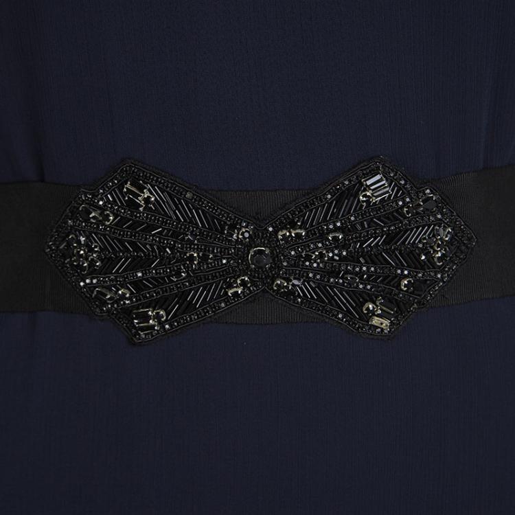 Pre Owned Badgley Mischka Navy Blue Plisse Ruffle Detail Embellished Maxi Dress M