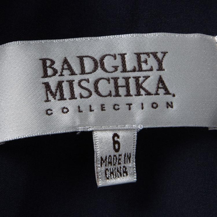 Pre Owned Badgley Mischka Navy Blue Plisse Ruffle Detail Embellished Maxi Dress M
