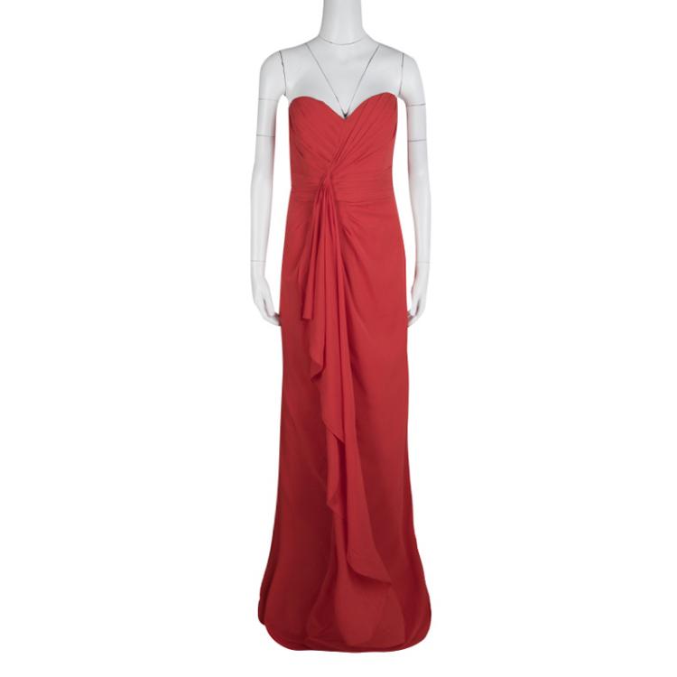 Pre Owned Badgley Mischka Red Ruched Draped Silk Strapless Maxi Dress M