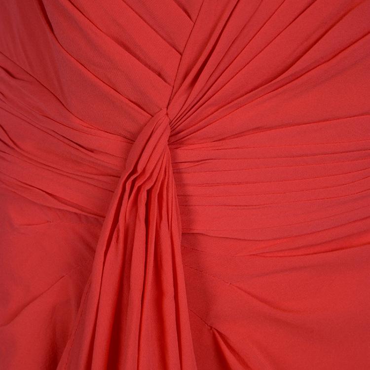 Pre Owned Badgley Mischka Red Ruched Draped Silk Strapless Maxi Dress M