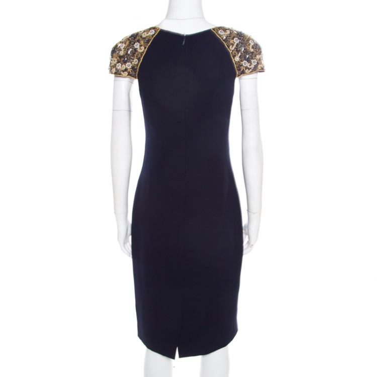 مملوكة مسبقًا Badgley Mischka Collection Navy Blue Embellished Cap Sleeve Cocktail Dress M