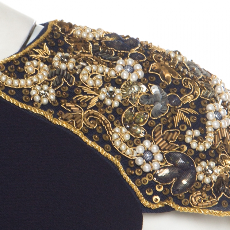 مملوكة مسبقًا Badgley Mischka Collection Navy Blue Embellished Cap Sleeve Cocktail Dress M