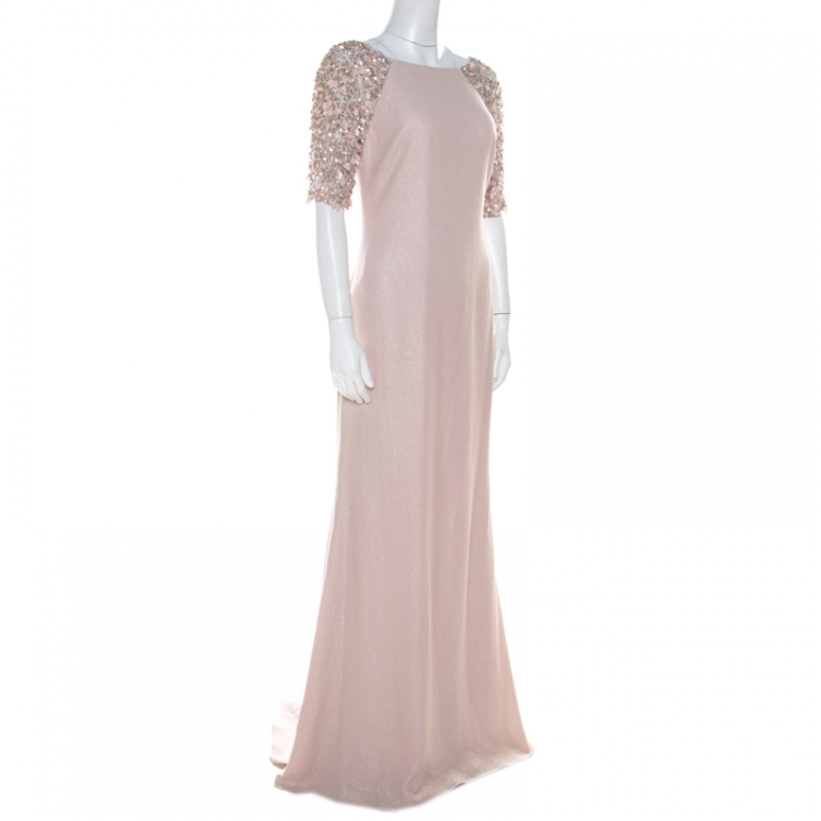 Pre Owned Badgley Mischka Collection Pale Pink Textured Crepe Sequin Embellished Gown M 