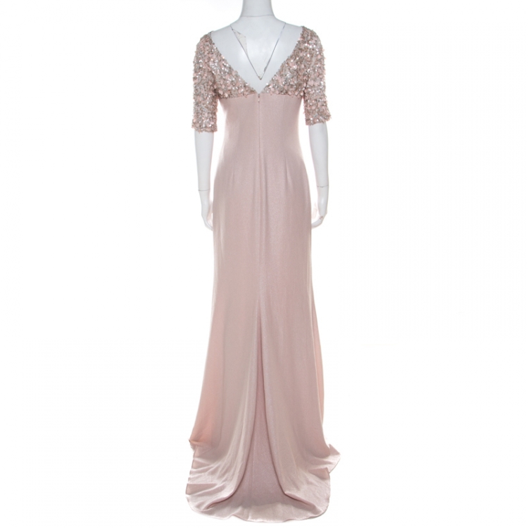 Pre Owned Badgley Mischka Collection Pale Pink Textured Crepe Sequin Embellished Gown M 