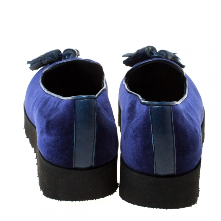 Pre Owned Baldinini Blue Velvet Tassel Platform Loafers Size 36