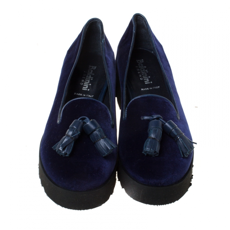 Pre Owned Baldinini Blue Velvet Tassel Platform Loafers Size 36