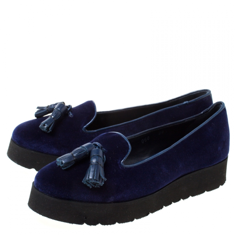Pre Owned Baldinini Blue Velvet Tassel Platform Loafers Size 36