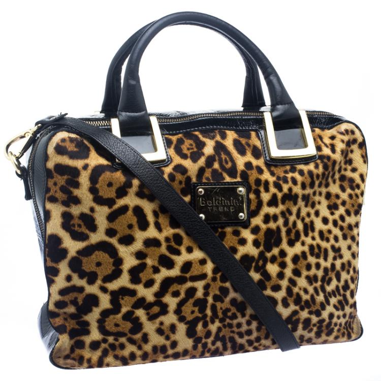 Pre Owned Baldinini Black Leopard Print Calfhair and Patent Leather Satchel