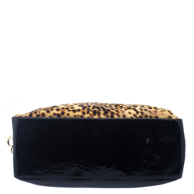 Pre Owned Baldinini Black Leopard Print Calfhair and Patent Leather Satchel