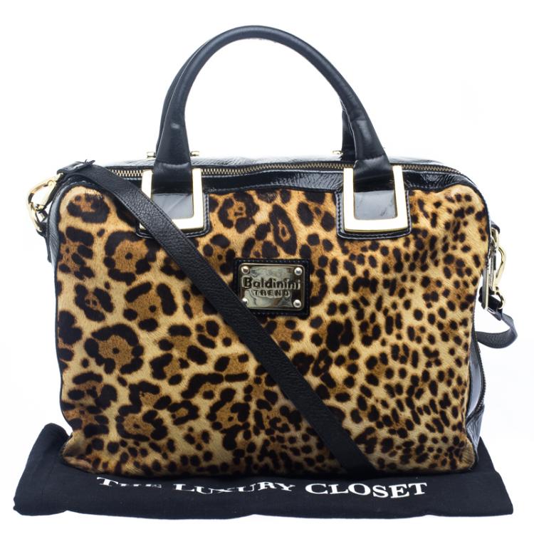 Pre Owned Baldinini Black Leopard Print Calfhair and Patent Leather Satchel