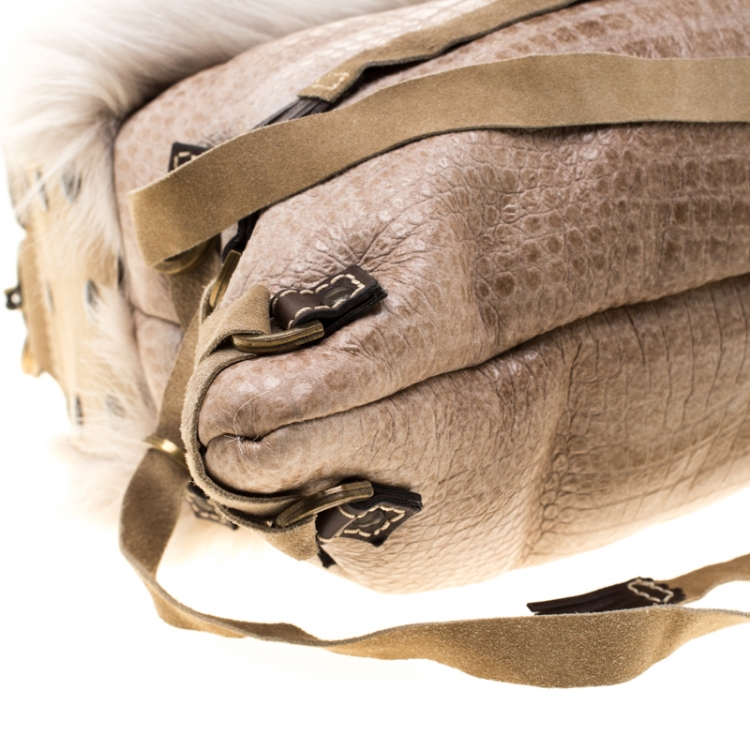 Pre Owned Baldinini Beige Fur and Croc Embossed Leather with Fur Lining Shoulder Bag