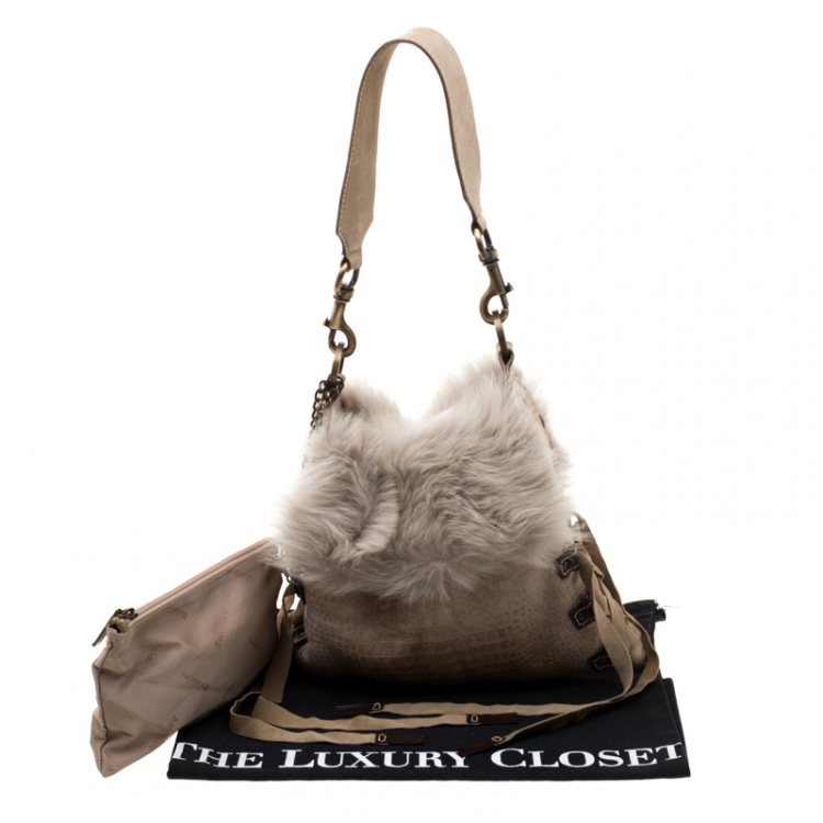 Pre Owned Baldinini Beige Fur and Croc Embossed Leather with Fur Lining Shoulder Bag