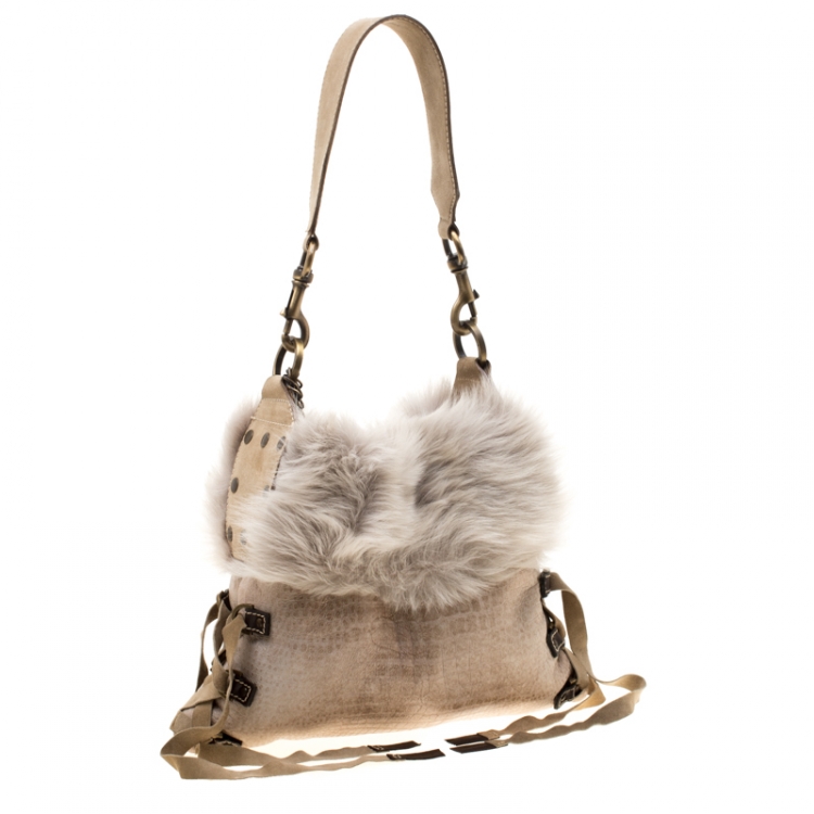 Pre Owned Baldinini Beige Fur and Croc Embossed Leather with Fur Lining Shoulder Bag