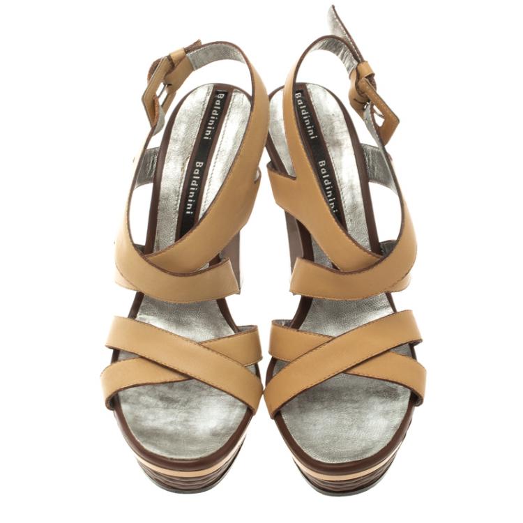 Pre Owned Baldinini Beige Leather Strappy Platform Sandals Size 36