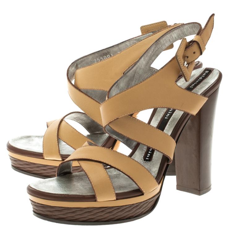 Pre Owned Baldinini Beige Leather Strappy Platform Sandals Size 36