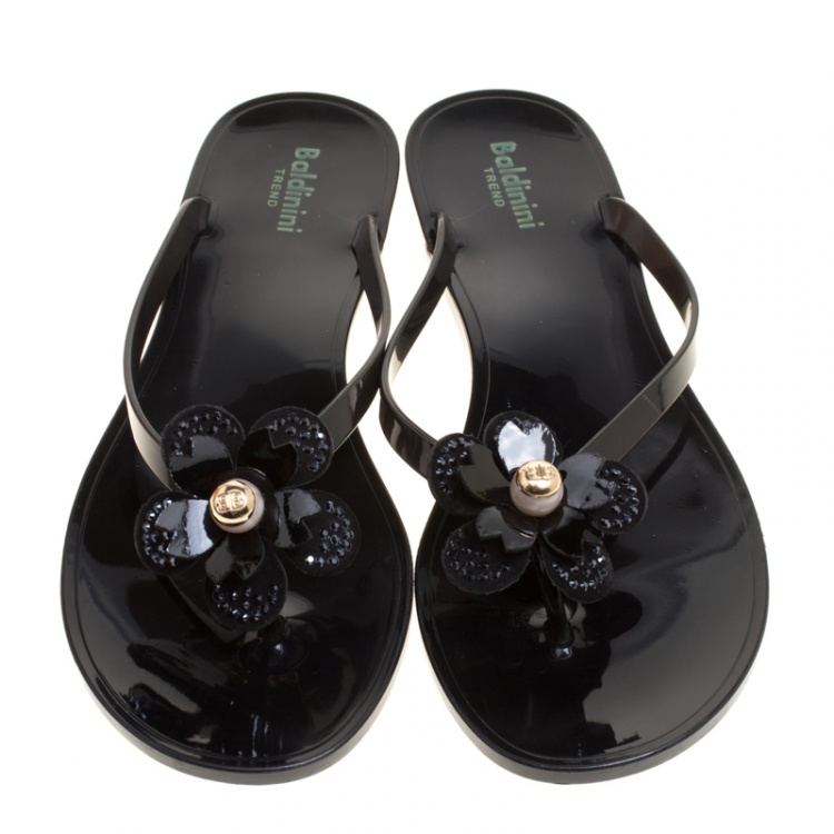 مملوكة مسبقًا Baldinini Black Jelly Flower Embellished Thong Flats 41