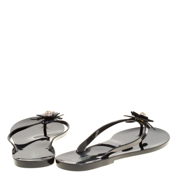 مملوكة مسبقًا Baldinini Black Jelly Flower Embellished Thong Flats 41