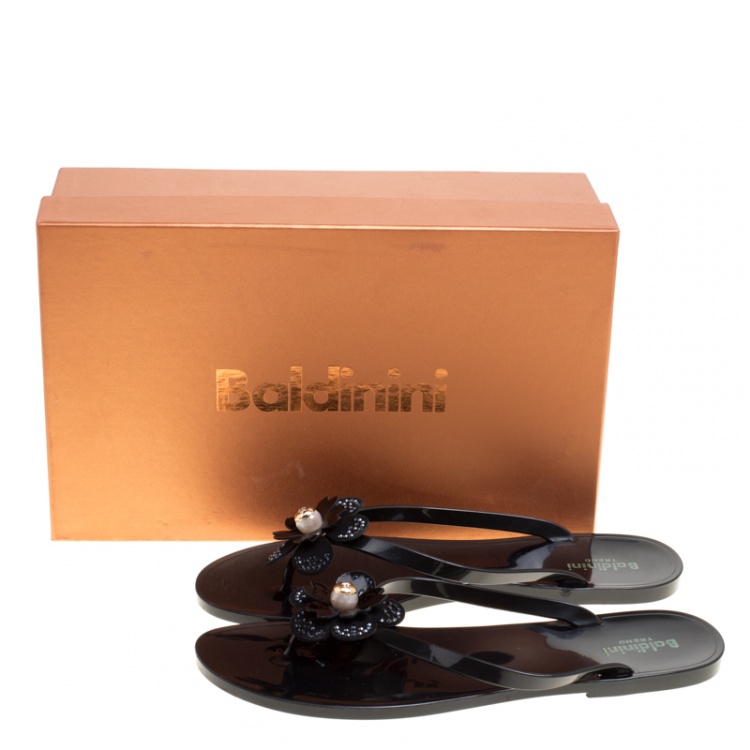 مملوكة مسبقًا Baldinini Black Jelly Flower Embellished Thong Flats 41