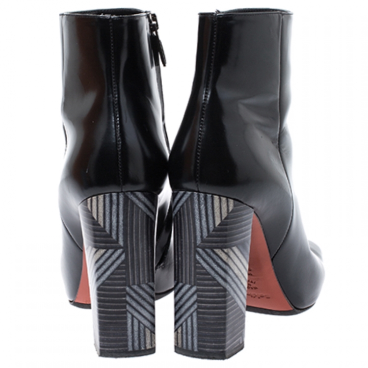 Pre Owned Baldinini Black Leather Tribal Block Heel Ankle Boots Size 39