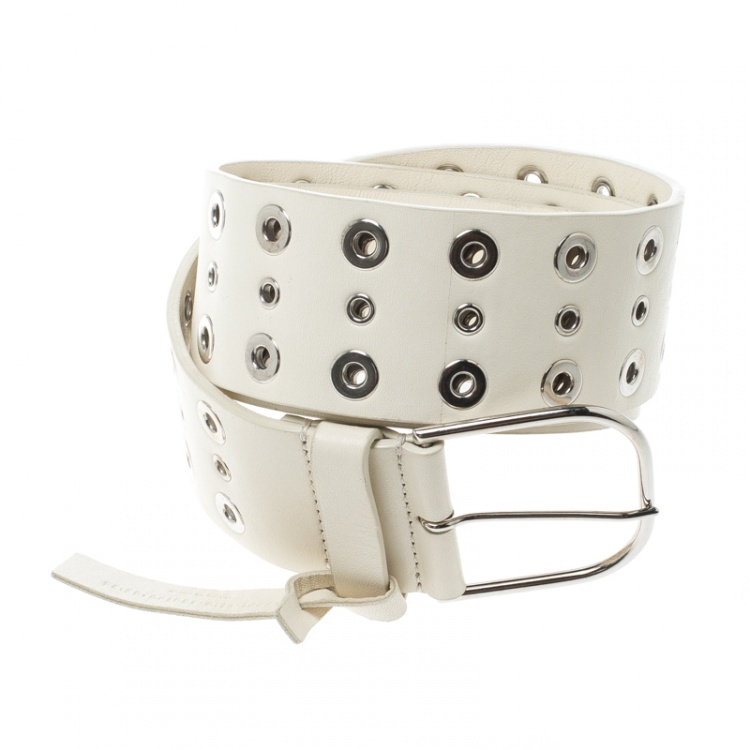 Pre Owned Balenciaga Off White Leather Eyelet Belt 85cm