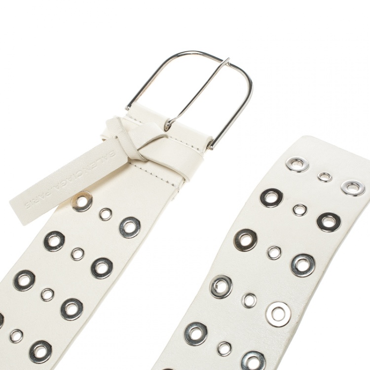 Pre Owned Balenciaga Off White Leather Eyelet Belt 85cm