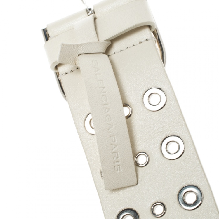 Pre Owned Balenciaga Off White Leather Eyelet Belt 85cm