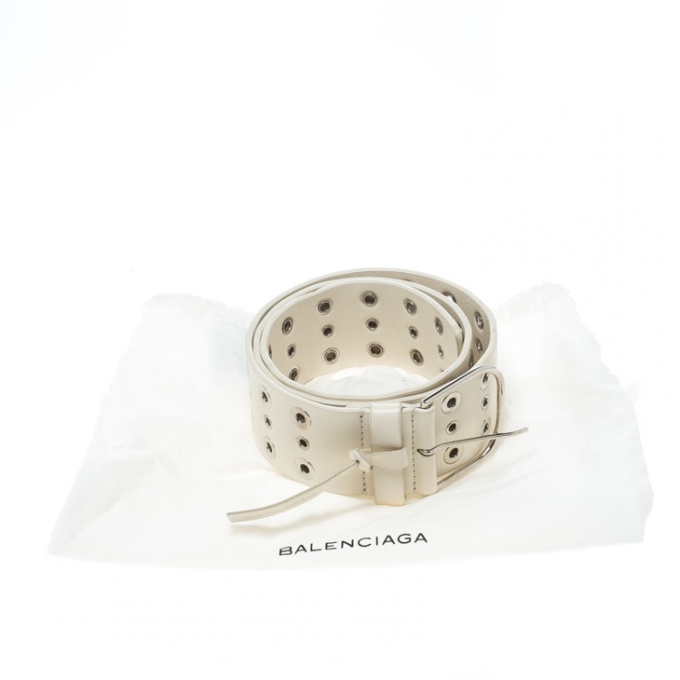 Pre Owned Balenciaga Off White Leather Eyelet Belt 85cm