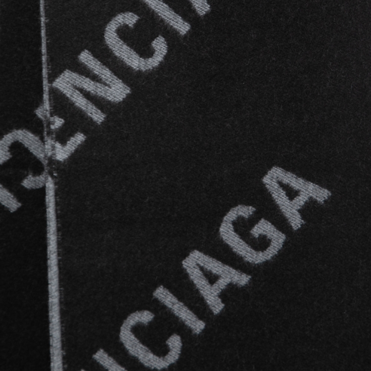 Pre Owned Balenciaga Black/Grey Logo Intarsia Print Wool Scarf