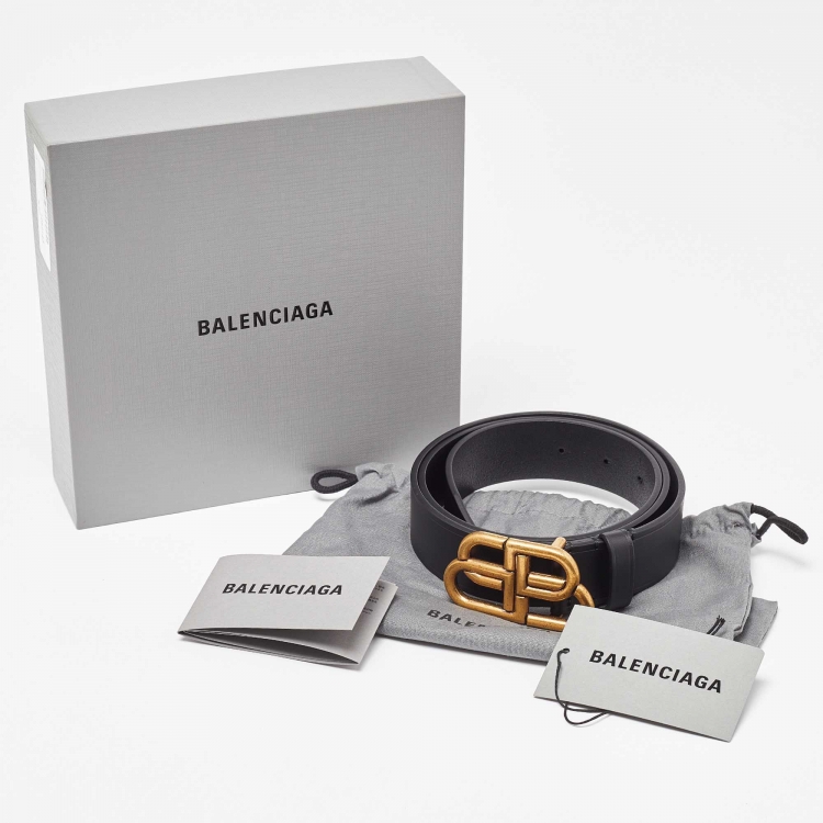 Pre Owned Balenciaga Black Leather BB Buckle Belt 95CM