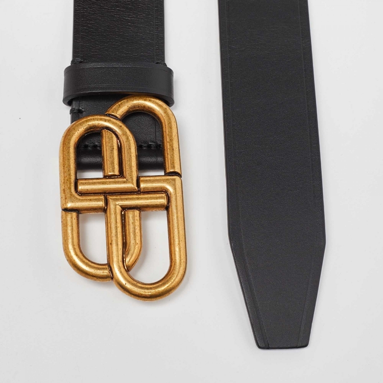 Pre Owned Balenciaga Black Leather BB Buckle Belt 95CM