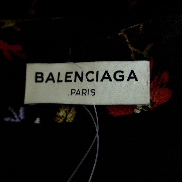 Pre Owned Balenciaga Black Wildfower Printed Crepe Cap Sleeve Asymmetric Dress M