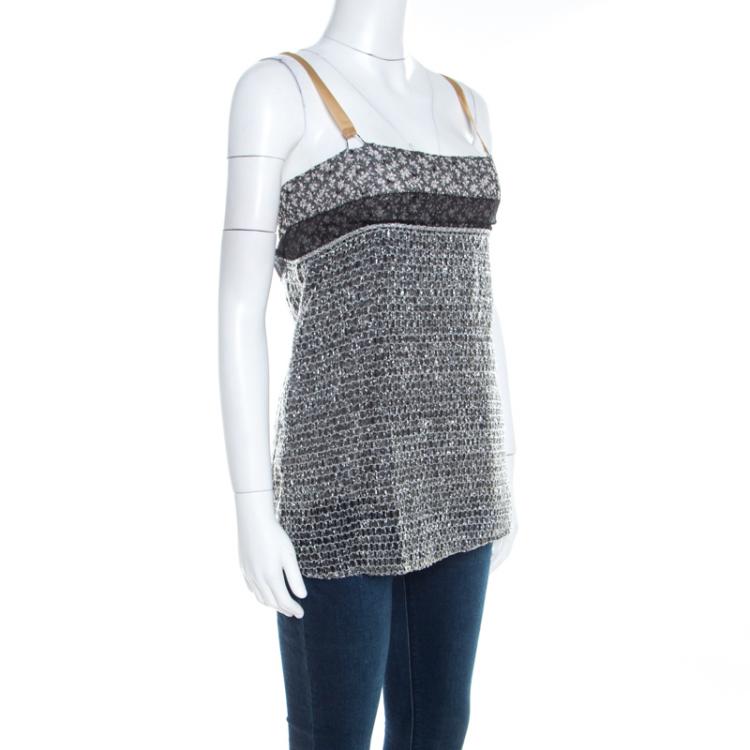 Pre Owned Balenciaga Grey Embroidered Floral Print Textured Mesh Detail Camisole M