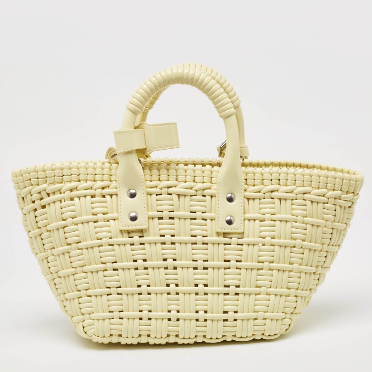 Pre Owned Balenciaga Cream Woven Faux Leather XS Bistro Basket Bag