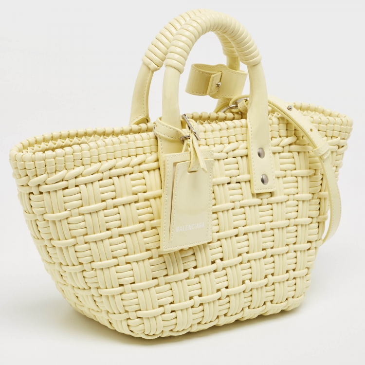 Pre Owned Balenciaga Cream Woven Faux Leather XS Bistro Basket Bag