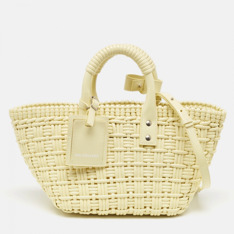 Pre Owned Balenciaga Cream Woven Faux Leather XS Bistro Basket Bag