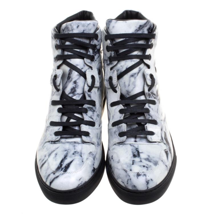 Pre Owned Balenciaga Monochrome Marble Effect Leather High Top Sneakers Size 40